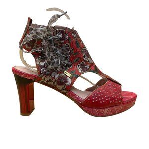Laura Vita Women’s Red Floral Pattern Leather Open Toe Bow Accent Heels Size 10